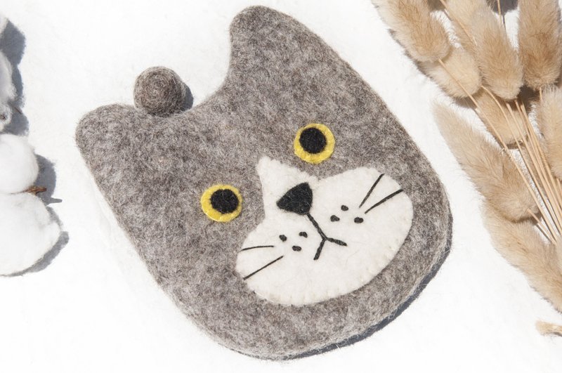 羊毛毡小物袋/羊毛毡收纳袋/零钱包/悠游卡套/羊毛毡钱包-灰猫咪 - 零钱包 - 羊毛 灰色