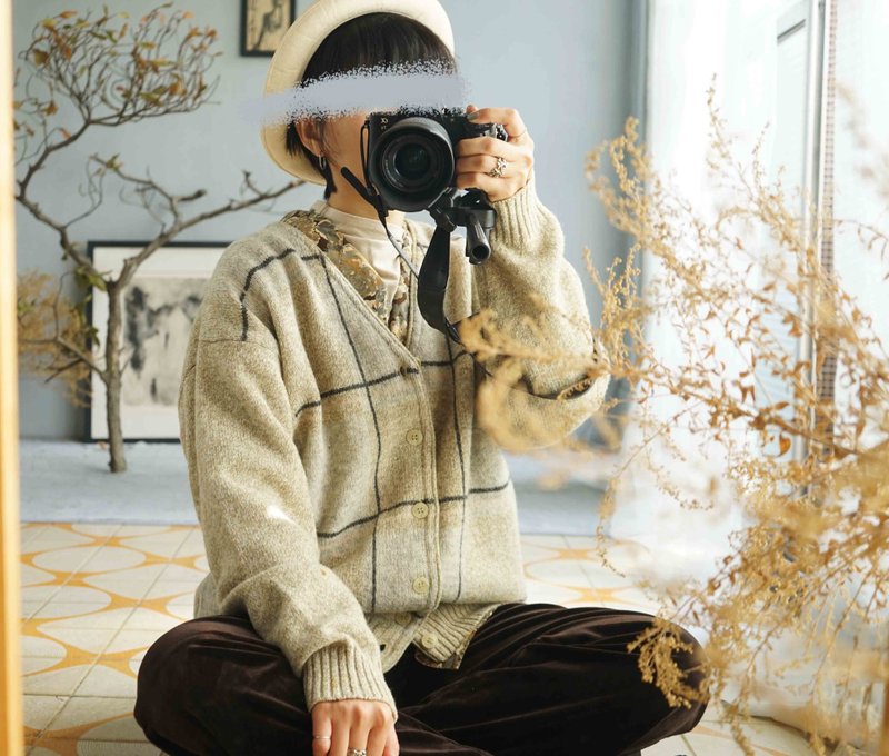 寻宝古着-英伦风卡其格纹花纱针织开襟外套 - 女装针织衫/毛衣 - 羊毛 黄色