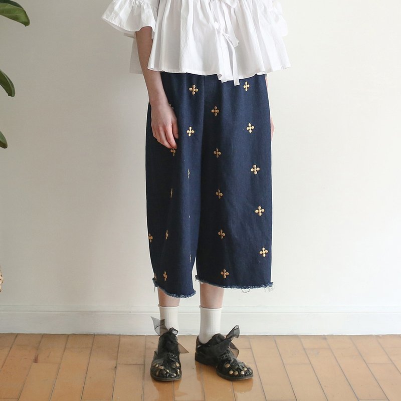 黄金绣花牛仔阔腿裤 - imakokoni - 女装长裤 - 棉．麻 蓝色