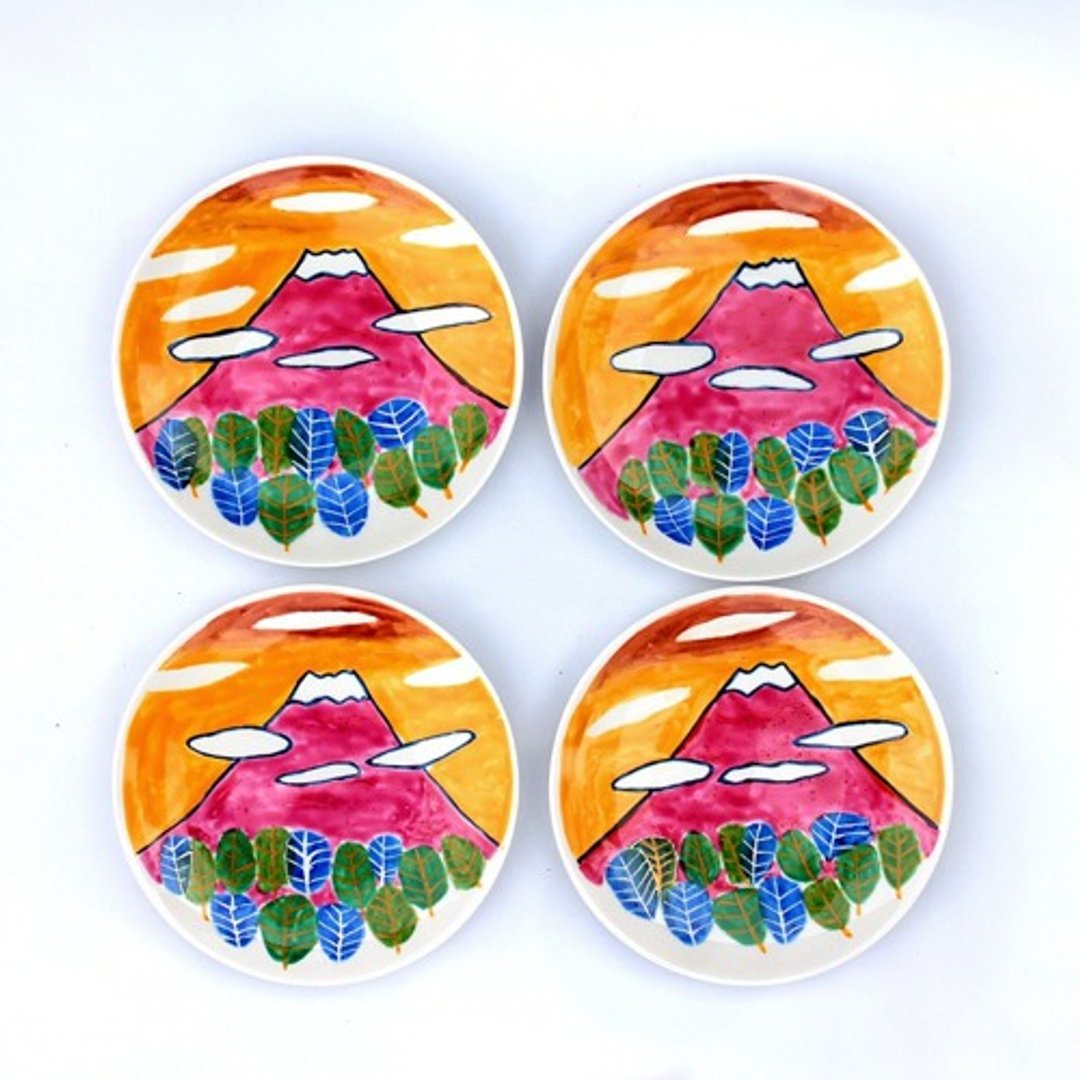 Mt. Fuji at sunset (14 cm color plate) - 浅碟/小碟子 - 陶 