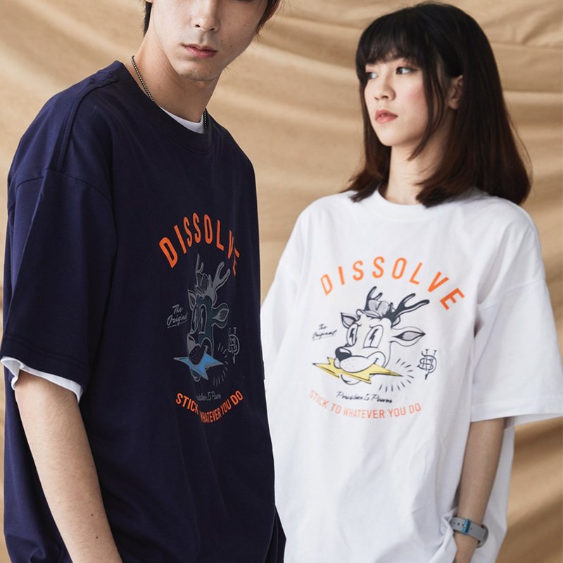 DISSOLVE 闪电麋鹿 撞色Tee恤 男女宽松通用版型 - 男装上衣/T 恤 - 棉．麻 白色