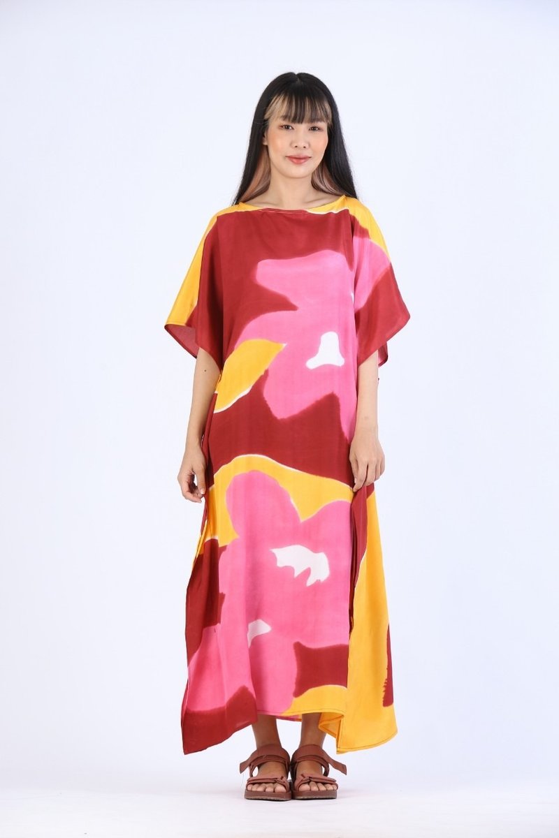 Hand Painted Cotton Silk Kaftan for Summer Resort Vacation- - 洋装/连衣裙 - 聚酯纤维 粉红色