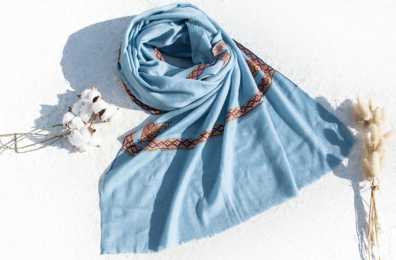 克什米尔 喀什米尔Cashmere 羊绒围巾 纯羊毛围巾 戒指绒披巾刺绣 - 围巾/披肩 - 羊毛 蓝色