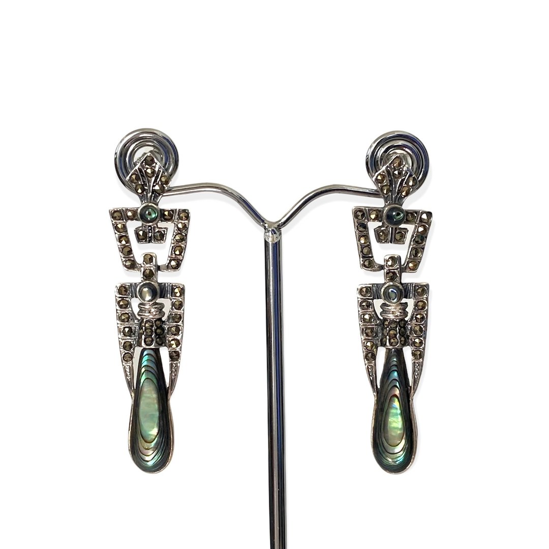 Art Deco Style Paua Shell with Marcasite Drop Earrings / Set 925 Sterling Silver - 耳环/耳夹 - 纯银 多色