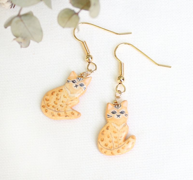 台湾 石虎 耳环/手绘/ 猫咪 / 橘色/ 可改耳夹 - 耳环/耳夹 - 粘土 橘色