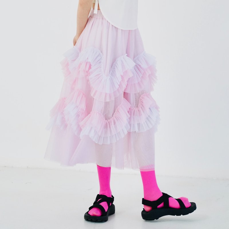 樱花粉红拼接公主蕾丝纱裙 / 半身裙 裙子 透视 透明 - 裙子 - 其他材质 粉红色