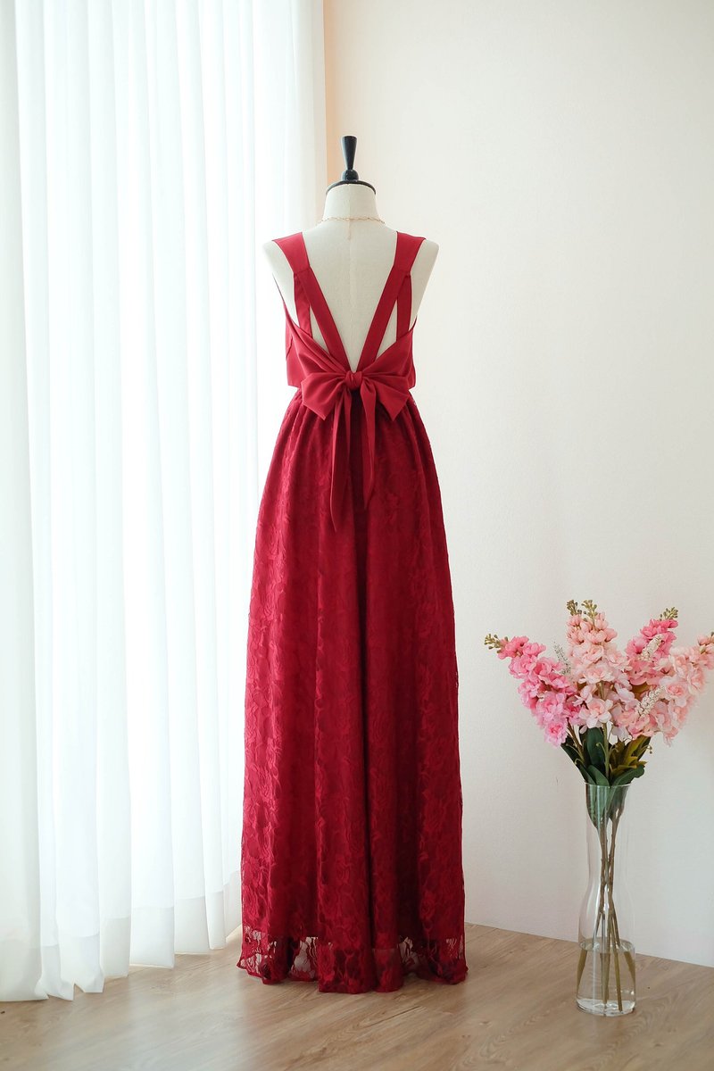 Red dress Lace dress Bridesmaid dress Prom Cocktail Party Wedding Dress - 晚装/礼服 - 聚酯纤维 红色