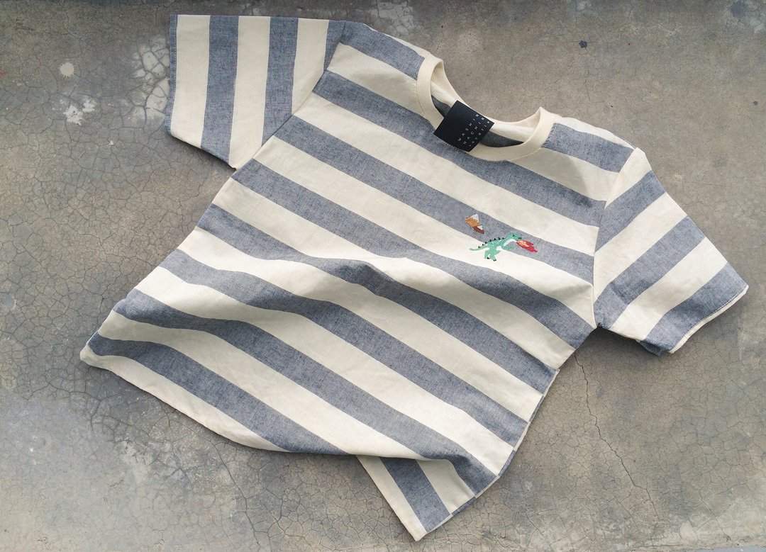 stripe crop top with dinosaur - embroidery - 女装上衣 - 棉 灰色