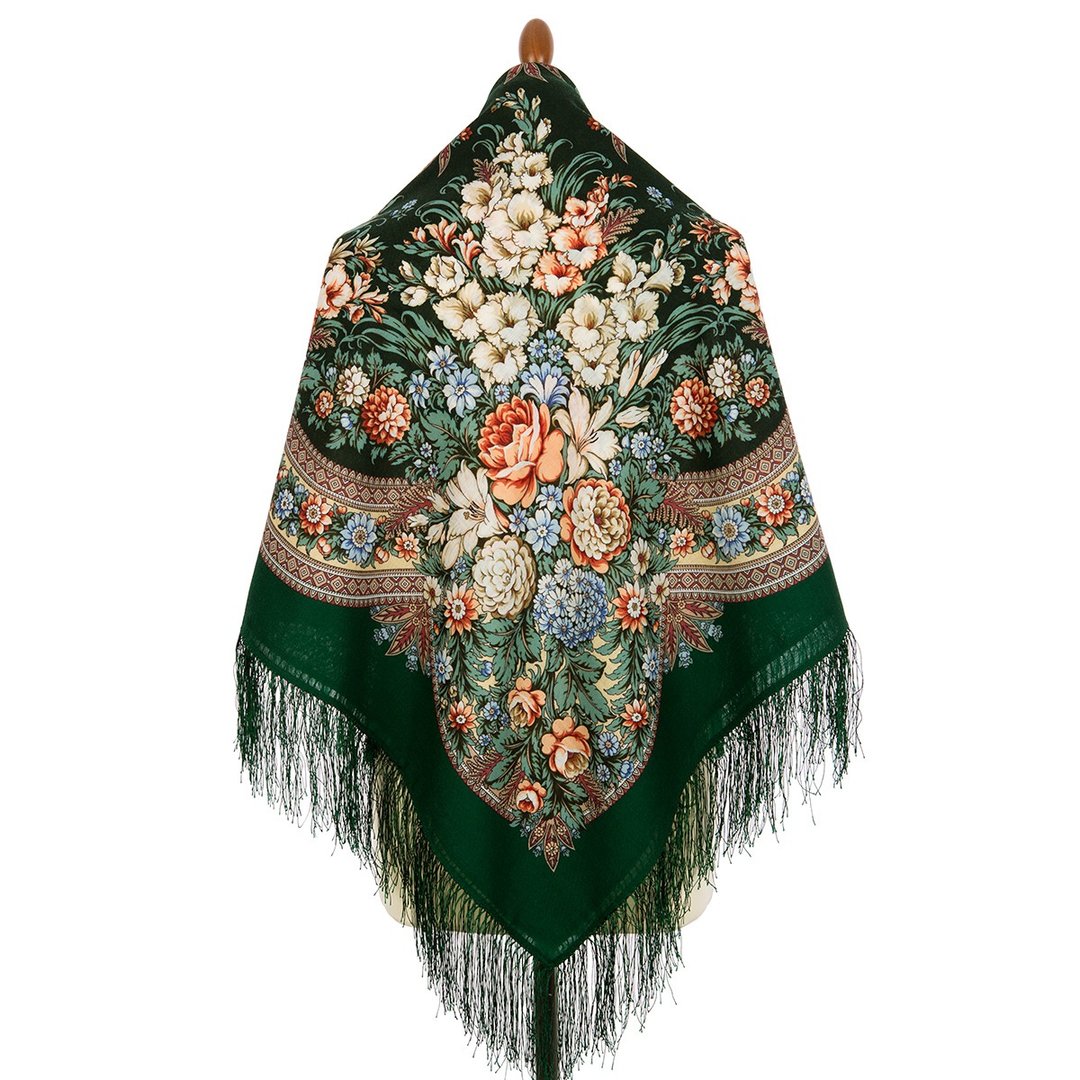 Original Elite Pavlovo Posad Shawl 100% Wool Italian Soft Yarn 125x125 cm 828-9 - 丝巾 - 羊毛 绿色