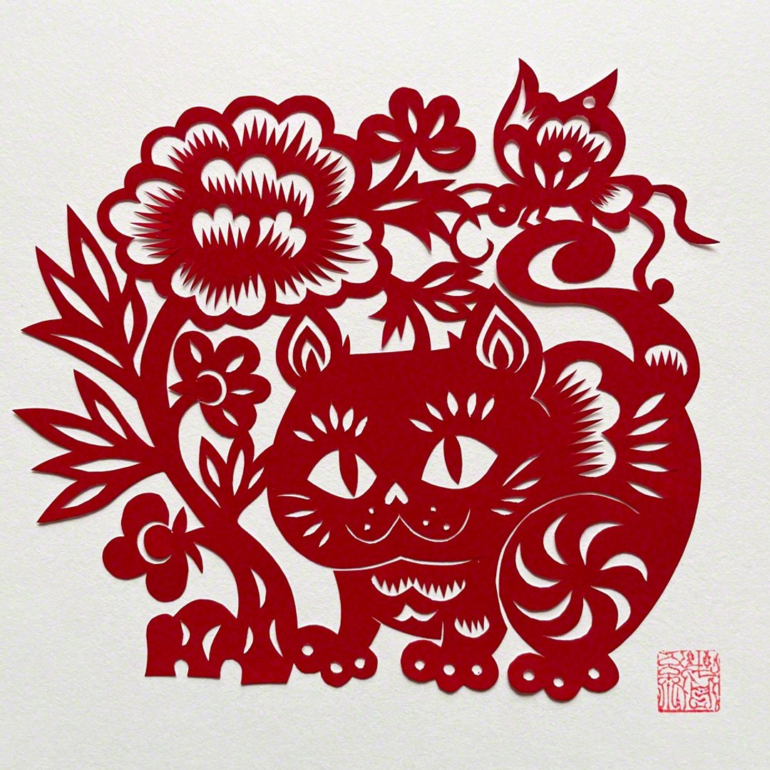 Made-to-order paper cutout, cat and peony, butterfly - 海报/装饰画/版画 - 纸 红色