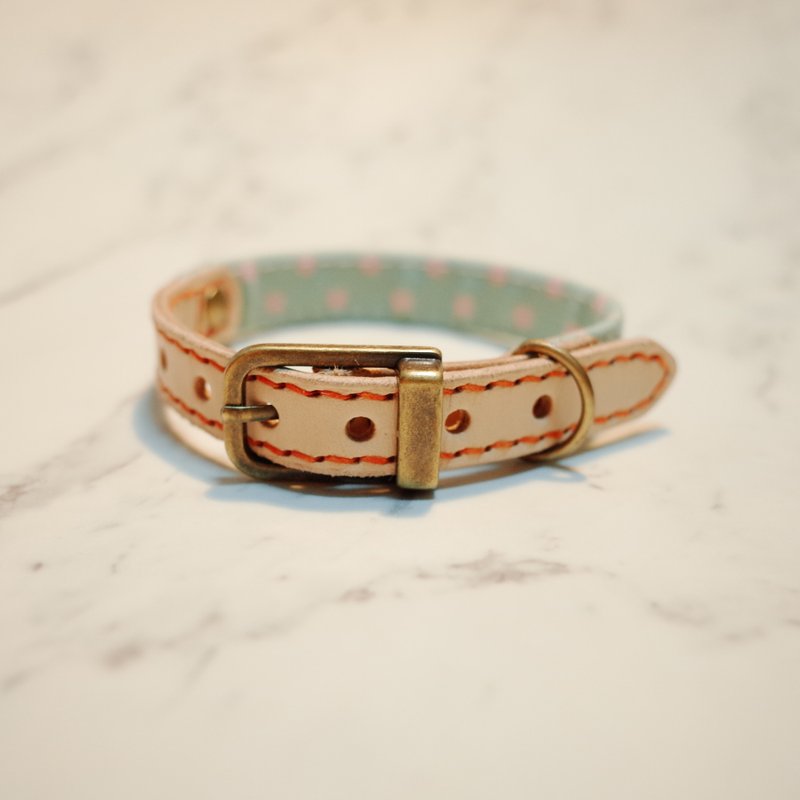 小型犬 大猫 项圈 小清新 青苹果绿 粉红点点 日本布 植揉皮革 附铃铛 - 项圈/牵绳 - 棉．麻 