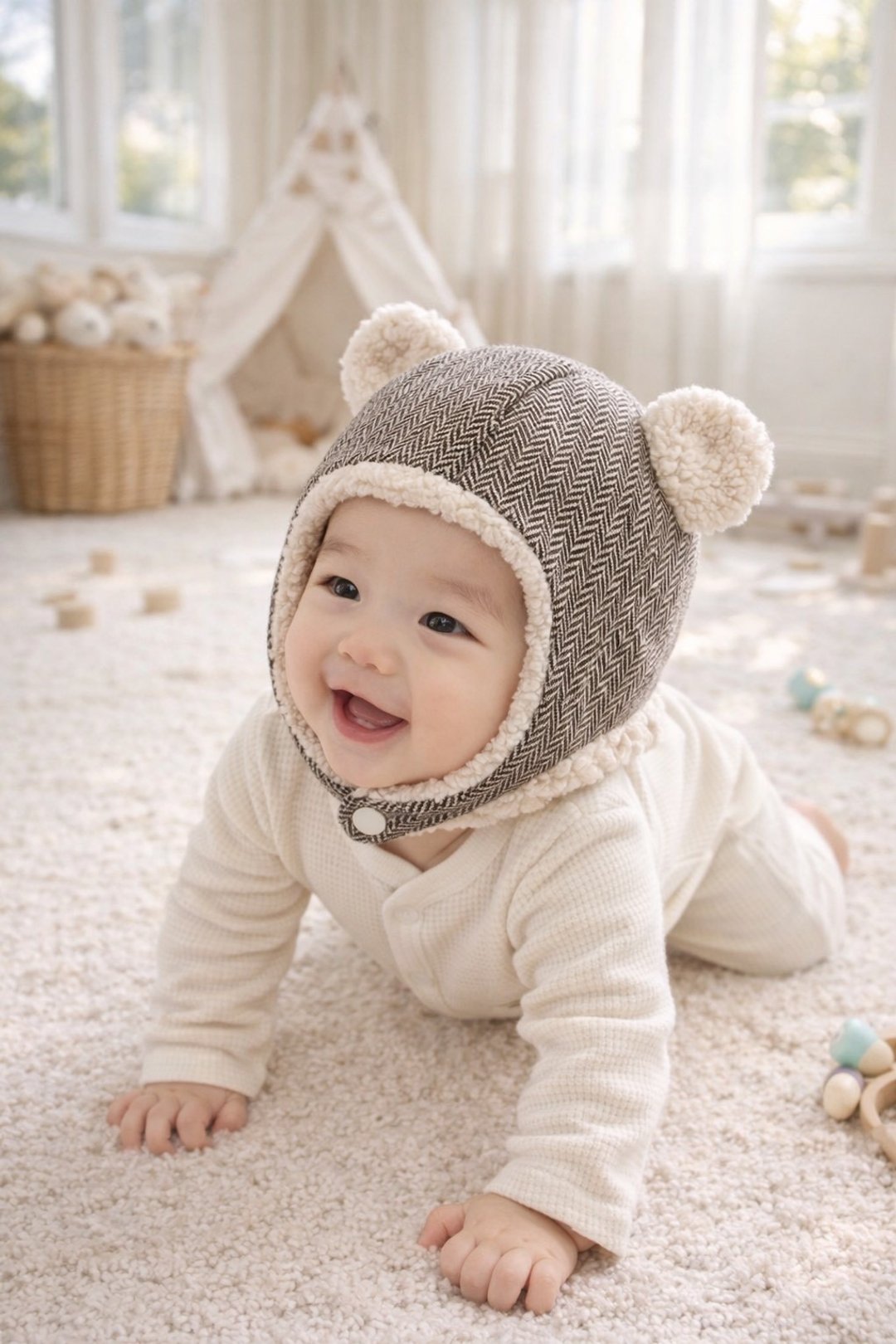 伦敦绅士灰针织 手工婴幼儿保暖飞行帽 宝宝帽 保暖帽 - 婴儿帽/发带 - 棉 
