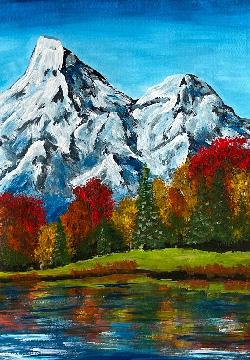 Autumn in the mountains. Light blue mountains. Gouache. - 墙贴/壁贴 - 纸 