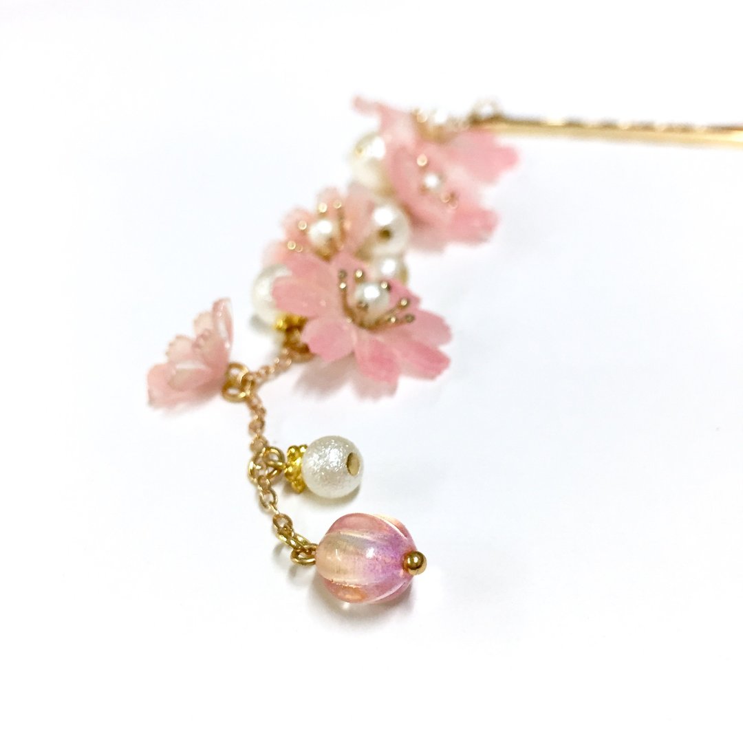【若桑】【雏菊之歌】小雏菊&珍珠。手造树脂花簪。和风发簪/发夹。发饰。长/短发女孩适用 - 发饰 - 玻璃 粉红色
