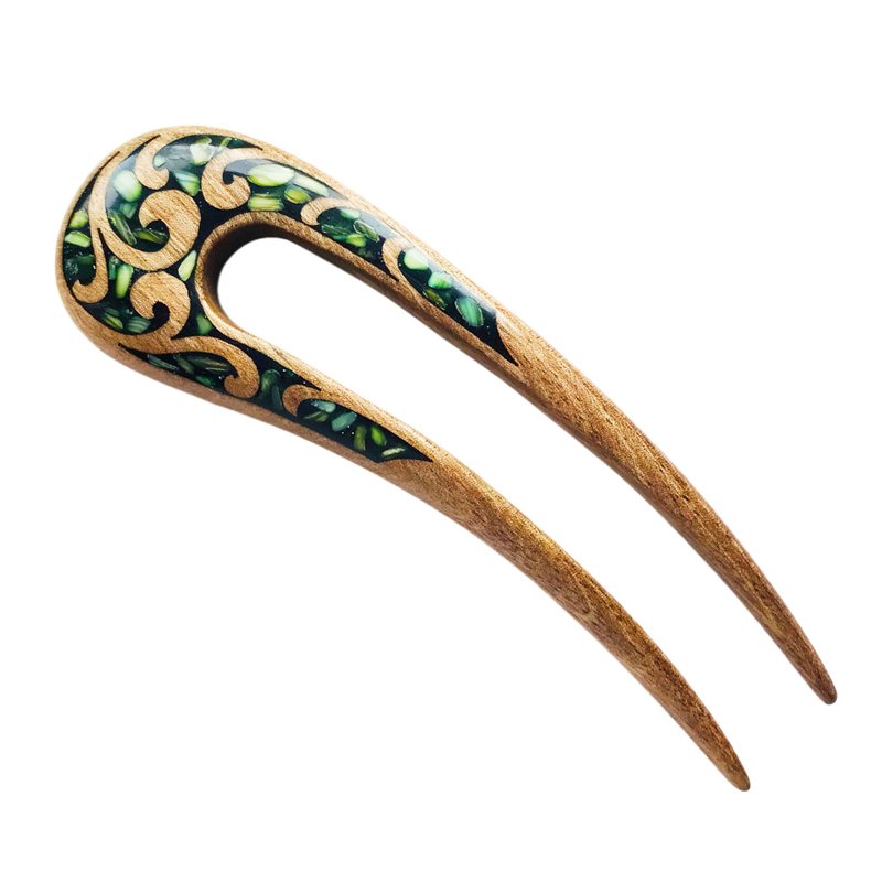 Hair clip, hair pin, carved wooden hair fork with green stones, gift for her - 发饰 - 木头 绿色