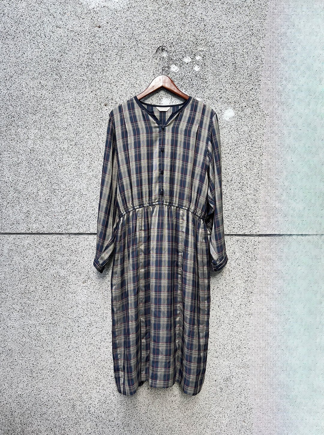 深蓝色学院格纹小v绳索编织领 雪纺纱洋装连衣裙vintage dress - 洋装/连衣裙 - 聚酯纤维 多色