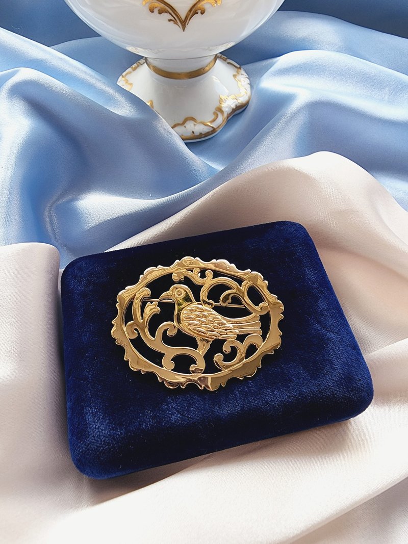 美国西洋古董饰品 / STERLING纯银鎏金藤蔓金鸟图胸针/坠饰两用 - 胸针 - 纯银 