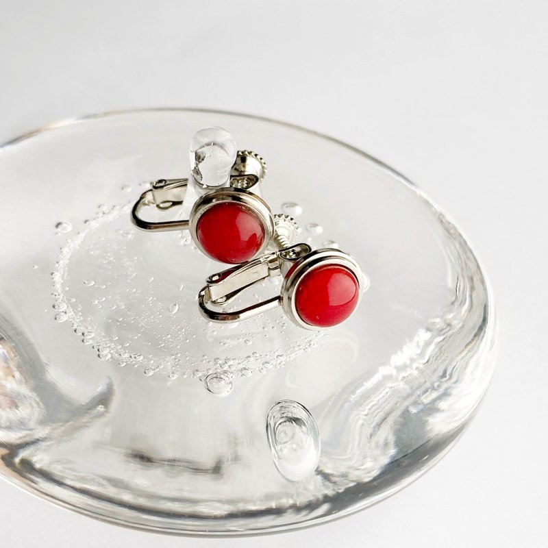 诗篇小语【Red】七宝烧耳环 纯银镀层七宝 - 耳环/耳夹 - 玻璃 红色