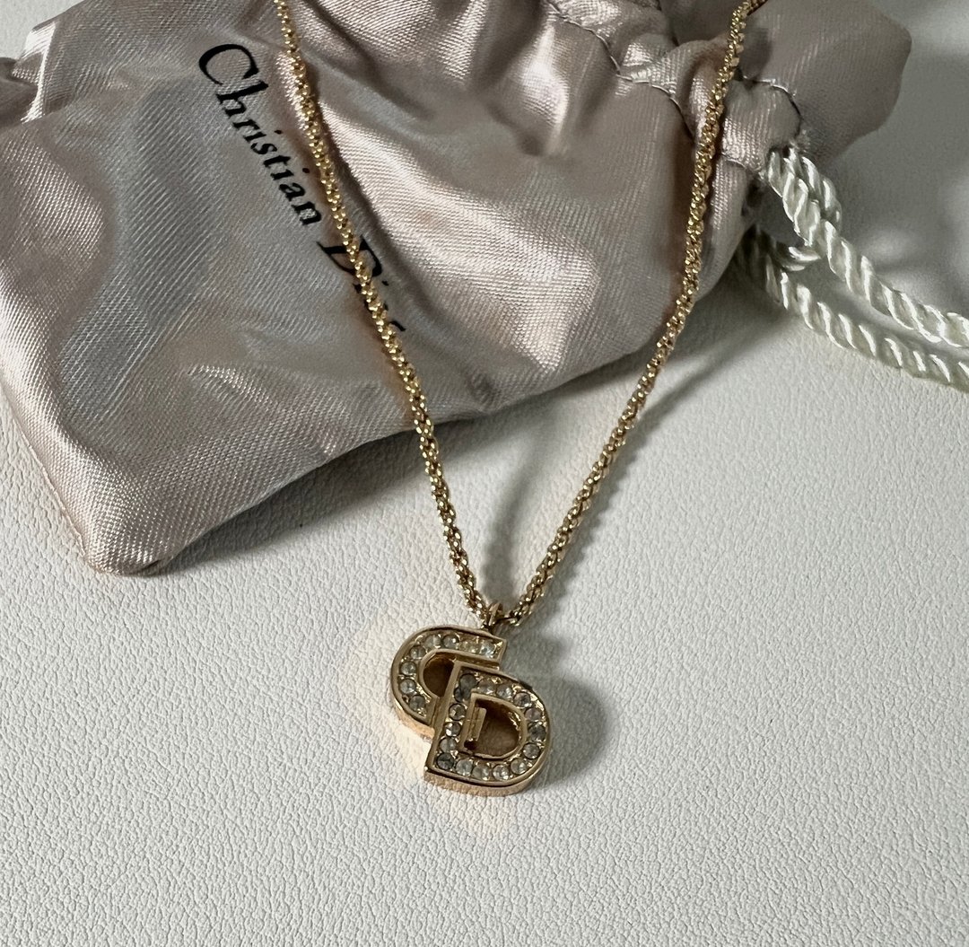 Dior CD水钻闪烁吊坠颈链项链延长链 原装袋 首饰盒 日本中古 - 项链 - 其他金属 金色