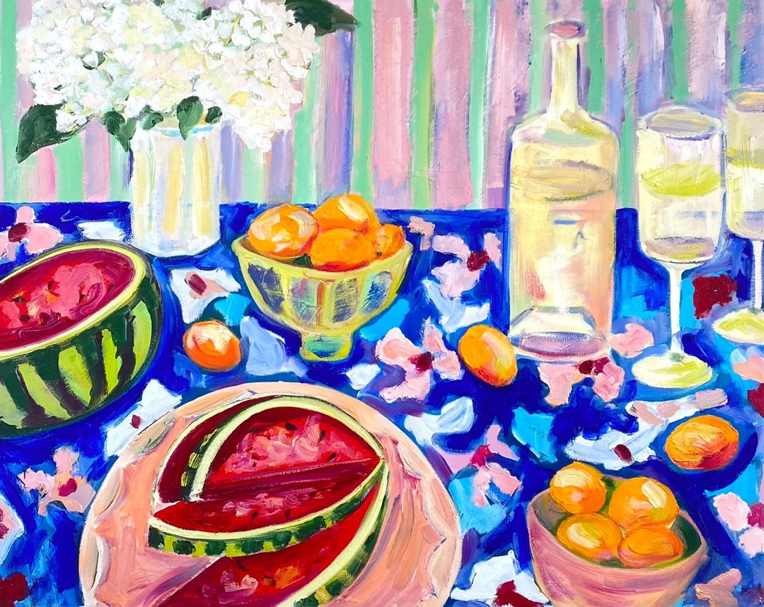 西瓜和杏子的静物画布上的原始油画野兽派艺术马蒂斯启发了食物和 - 墙贴/壁贴 - 其他材质 蓝色