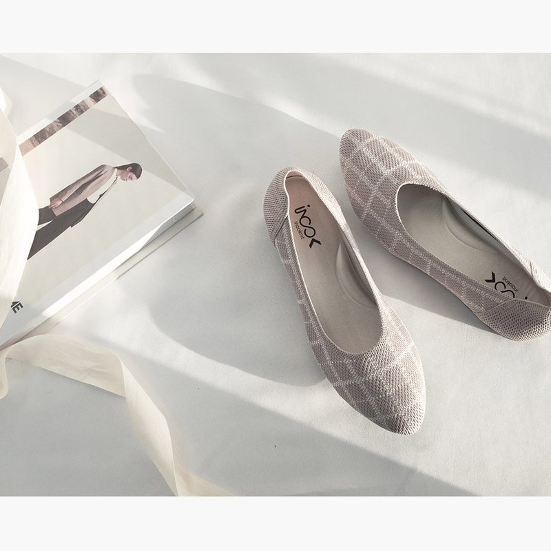 简约方格平底鞋/米 - 女款牛津鞋/乐福鞋 - 聚酯纤维 卡其色