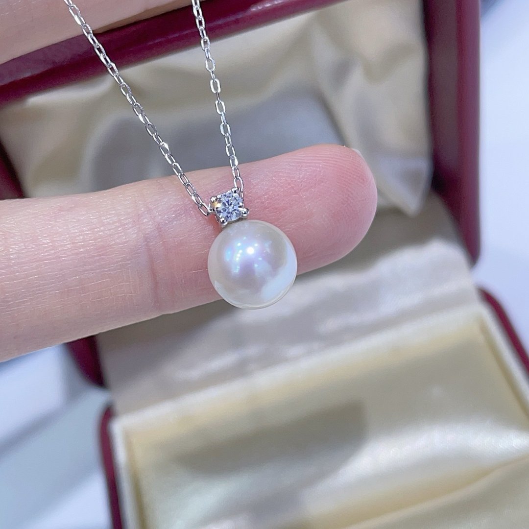 海水Akoya珍珠吊坠项链 8-8.5mm 正圆 极微瑕 光感好 带点粉珍珠 - 项链 - 玉石 