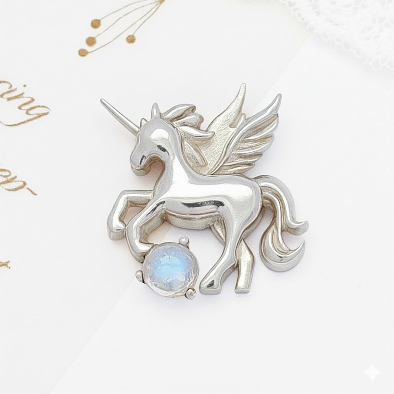 独家原创设计 手工制作 925纯银项链 飞马独角兽项链 月光石 - 项链 - 纯银 
