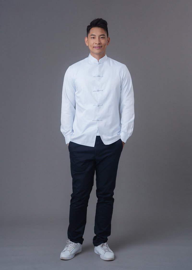 男士唐装衬衫 (白色) - 男装衬衫 - 棉．麻 白色