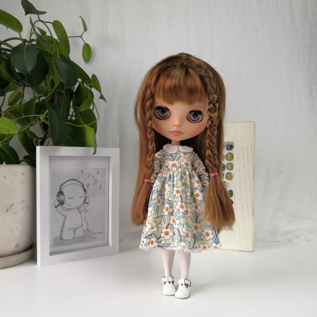 Light olive dress flowers Blythe doll. Outfit Blythe doll. Clothes Blythe doll - 玩偶/公仔 - 棉．麻 