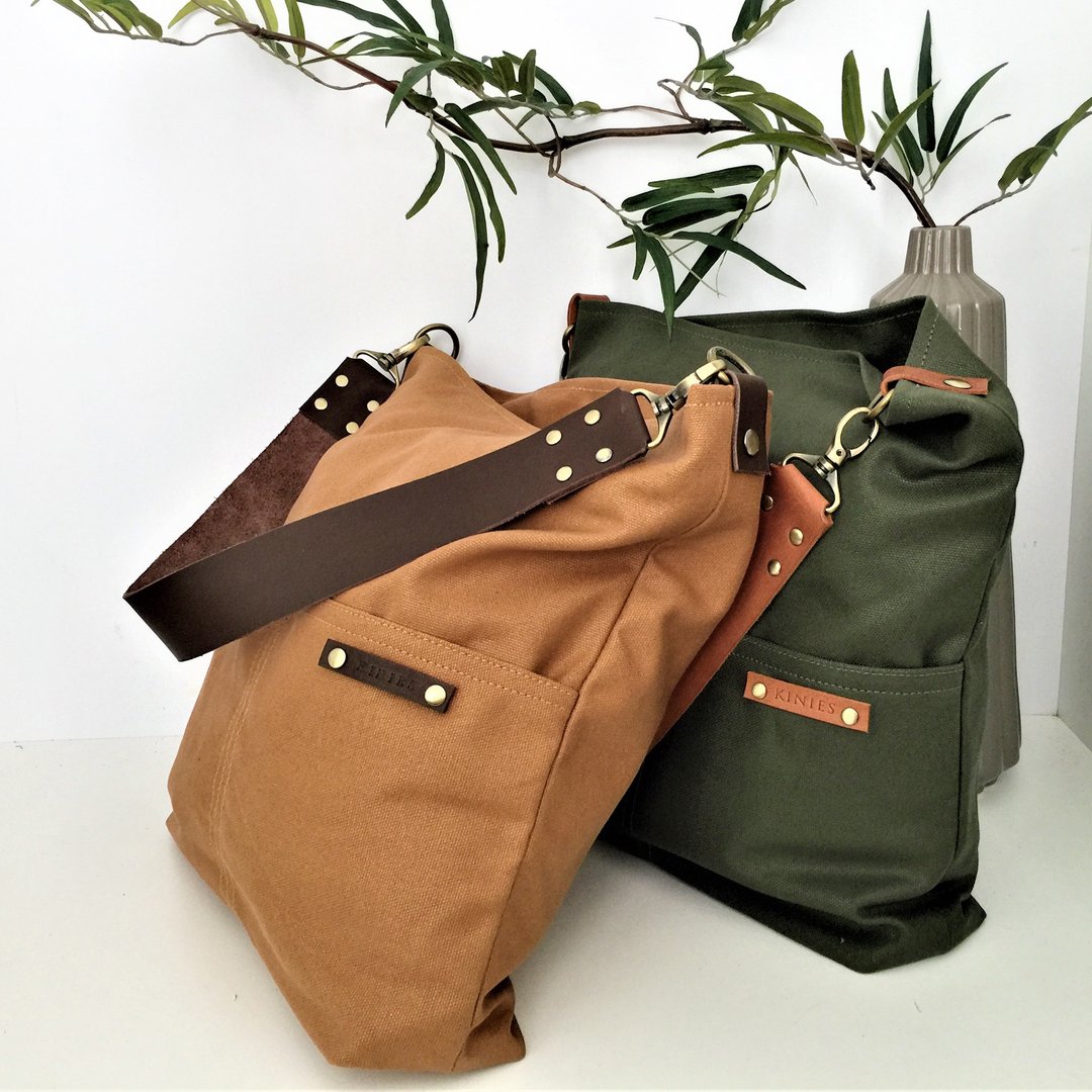 WAXED CANVAS SINGLE STRAP SHOULDER BAG / TOTE BAG WITH GENUINE LEATHER STRAP - 手提包/手提袋 - 棉 咖啡色