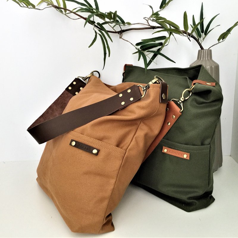 WAXED CANVAS SINGLE STRAP SHOULDER BAG / TOTE BAG WITH GENUINE LEATHER STRAP - 手提包/手提袋 - 棉．麻 咖啡色