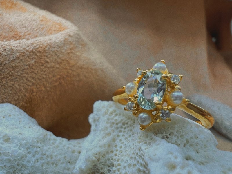 【 Ariel 】—蓝绿色碧玺珍珠戒/金色调节戒台 - 戒指 - 宝石 多色