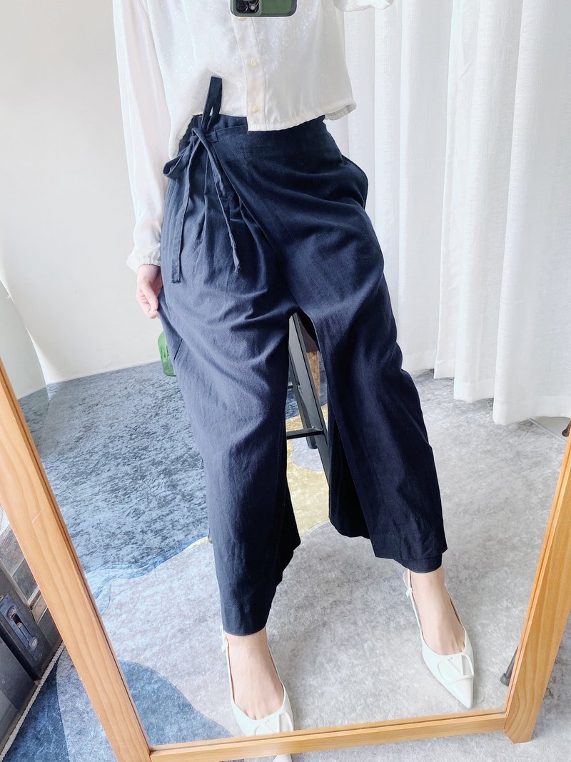 海洋深蓝素面侧绑带设计 古着棉麻料薄料长裤宽裤 pants vintage - 女装长裤 - 棉．麻 蓝色
