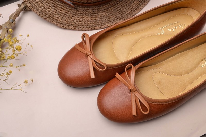 手工娃娃鞋  复古焦糖 - 芭蕾鞋/娃娃鞋 - 真皮 咖啡色
