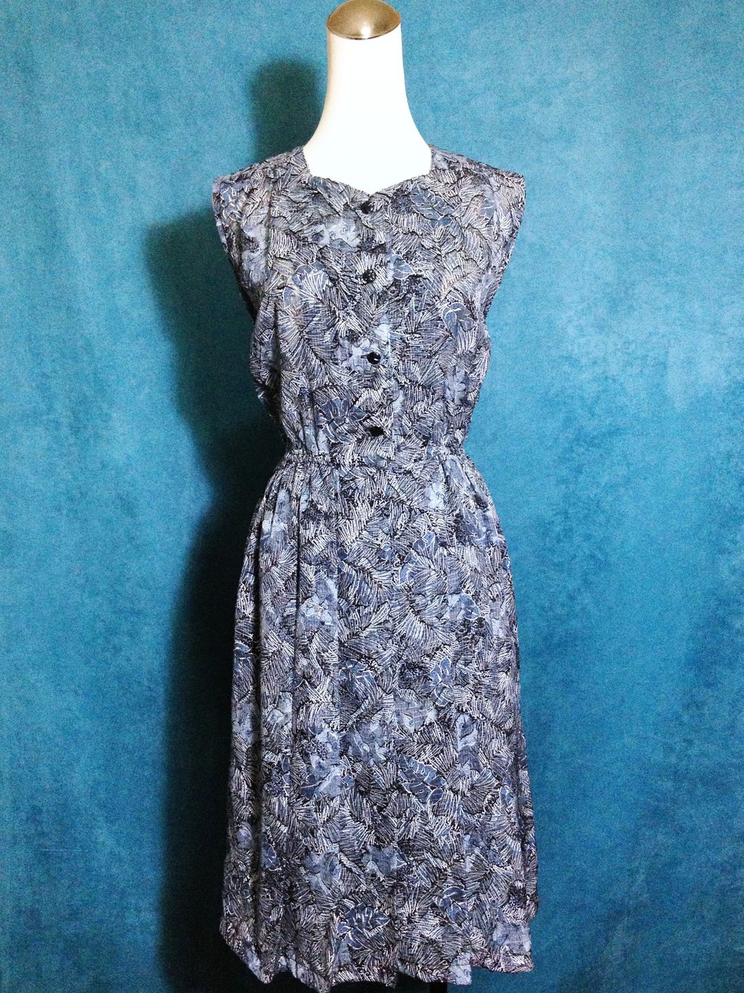 乒乓古着 [ 古着洋装/ 日本制花朵织纹无袖古着洋装 ] 国外带回 VINTAGE - 洋装/连衣裙 - 聚酯纤维 蓝色