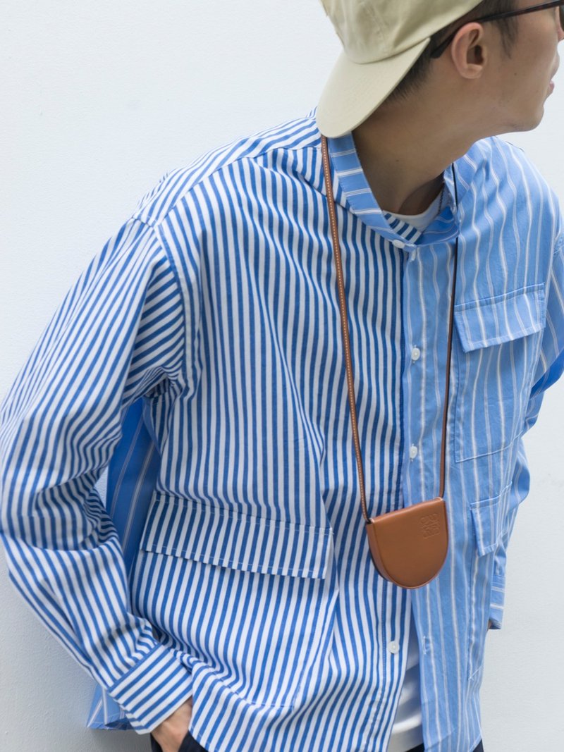 【Off-season sale】拼接条纹襯衫 多口袋立领休闲宽松流行青春 - 男装衬衫 - 棉．麻 蓝色