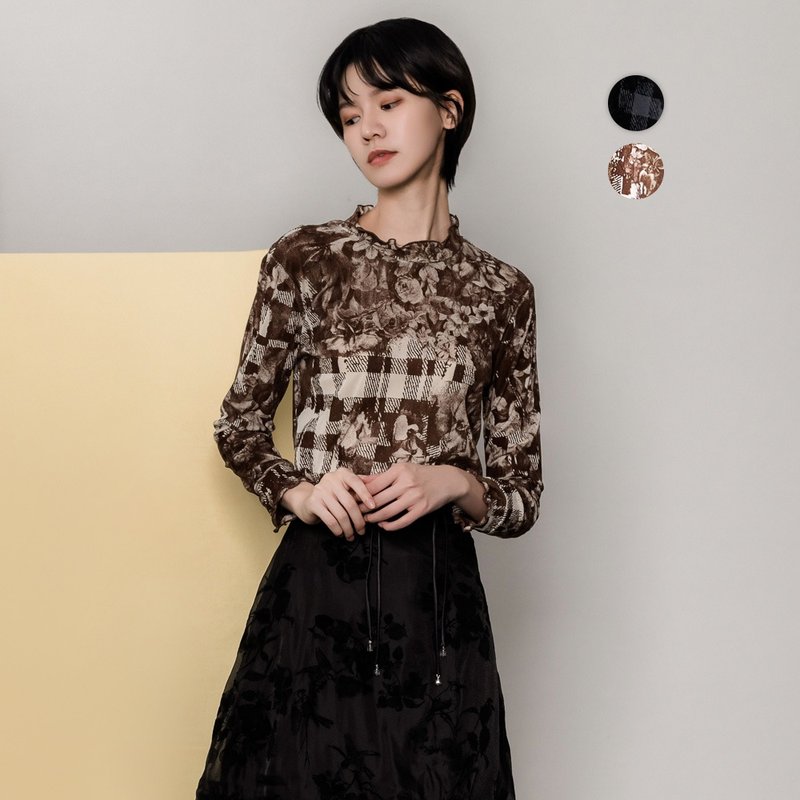 【MEDUSA】印花毛绒木耳边内搭上衣-2色(M-2L) | 女休闲上衣 - 女装上衣 - 尼龙 咖啡色