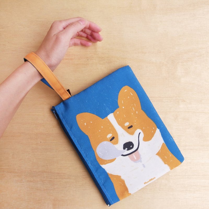 柯基杜估,有狗手拿包 - 手拿包 - 棉．麻 蓝色