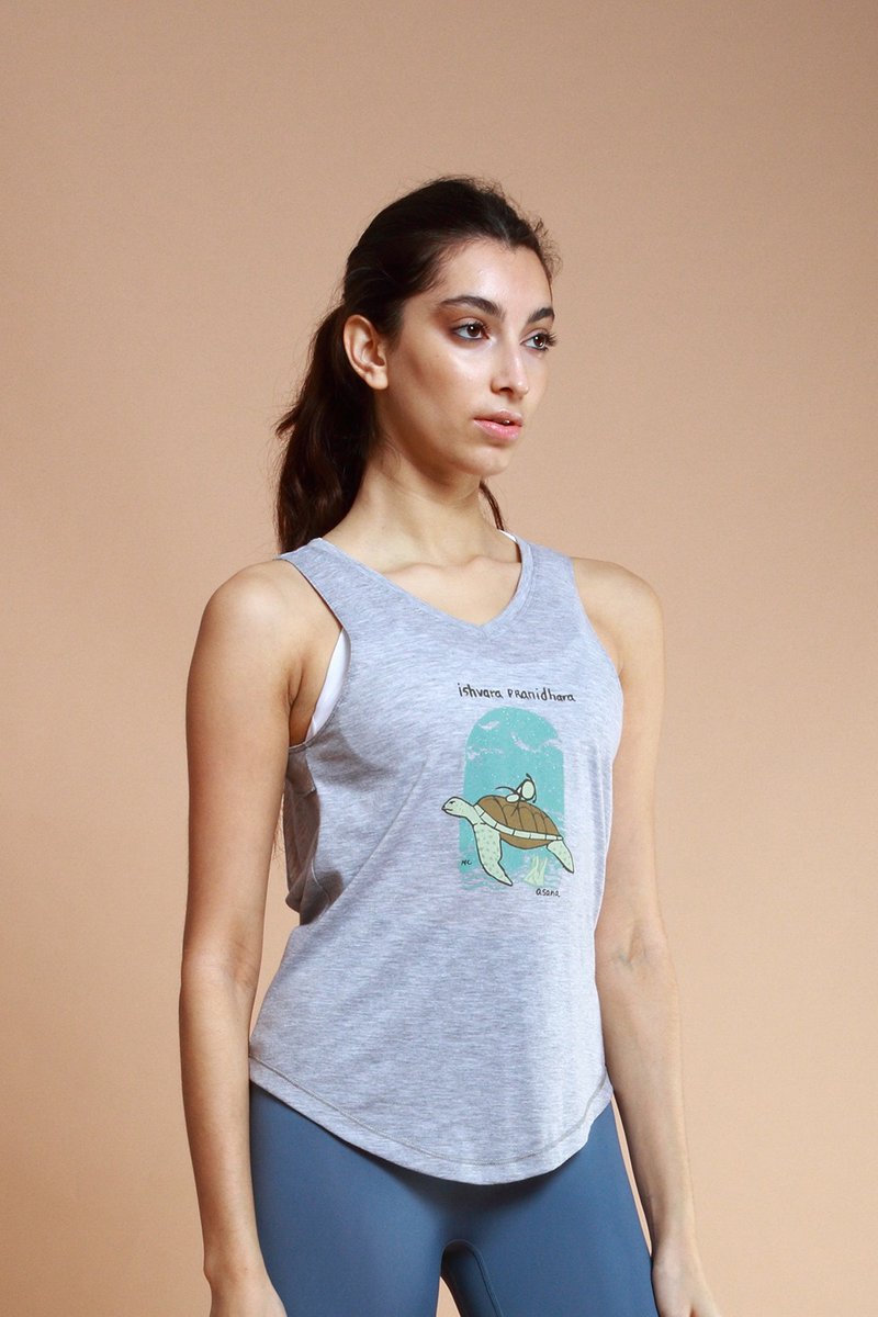 asana eco 生态意识系列-V领大露背背心-麻花灰 海龟 - 女装 T 恤 - 聚酯纤维 灰色