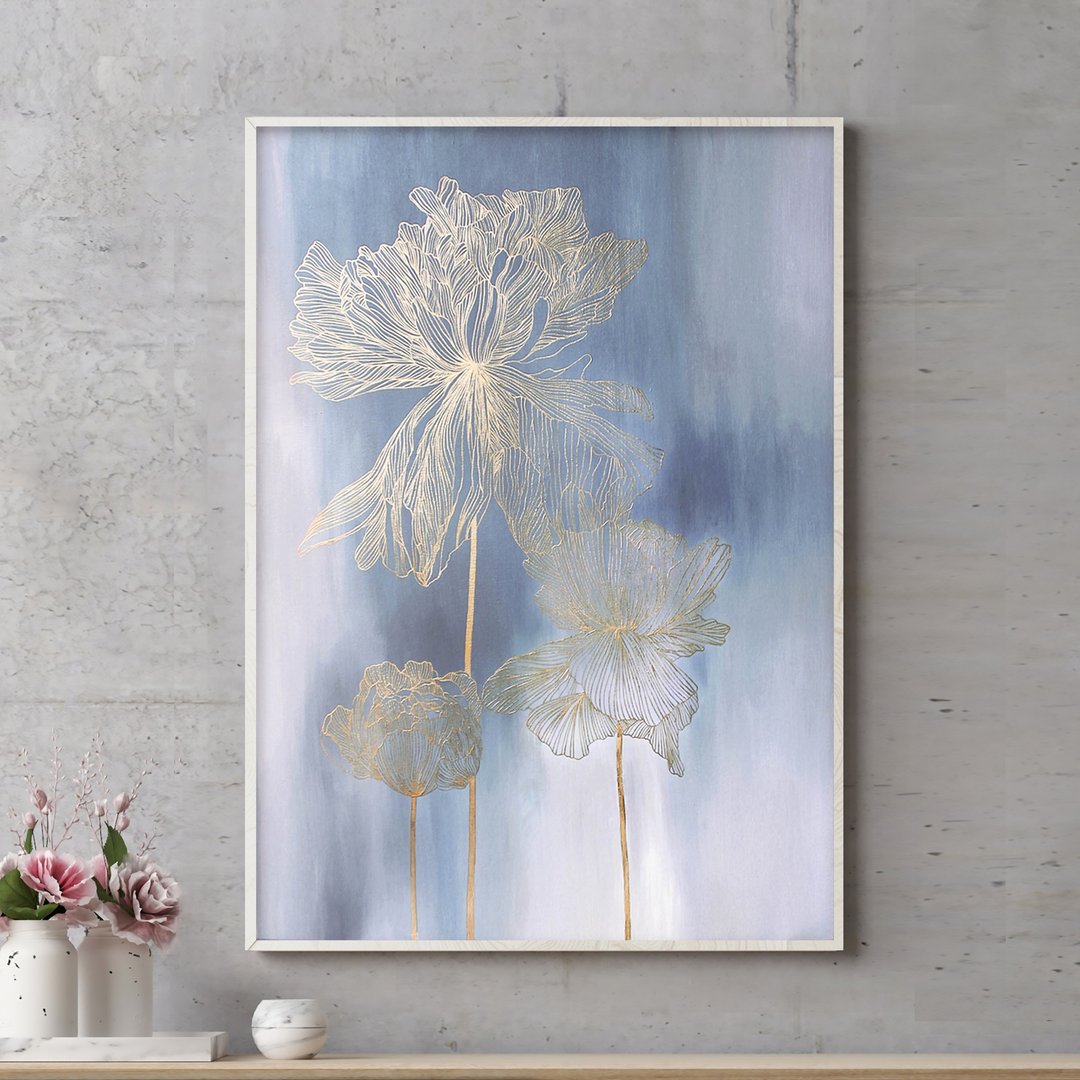 金色花朵绘画 | 抽象花卉蓝金色帆布墙面艺术 | 厚度 6 - 墙贴/壁贴 - 棉 蓝色