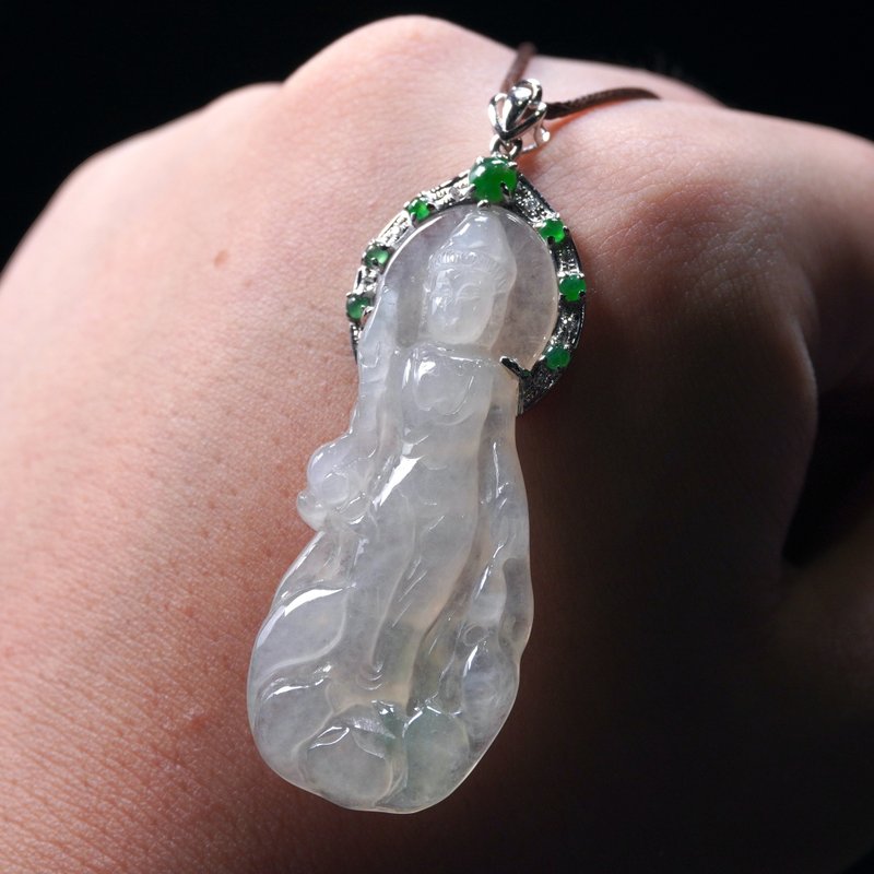 冰种翡翠观音菩萨项链 18K金钻石 | 天然缅甸玉翡翠A货 | 送礼 - 项链 - 玉石 透明