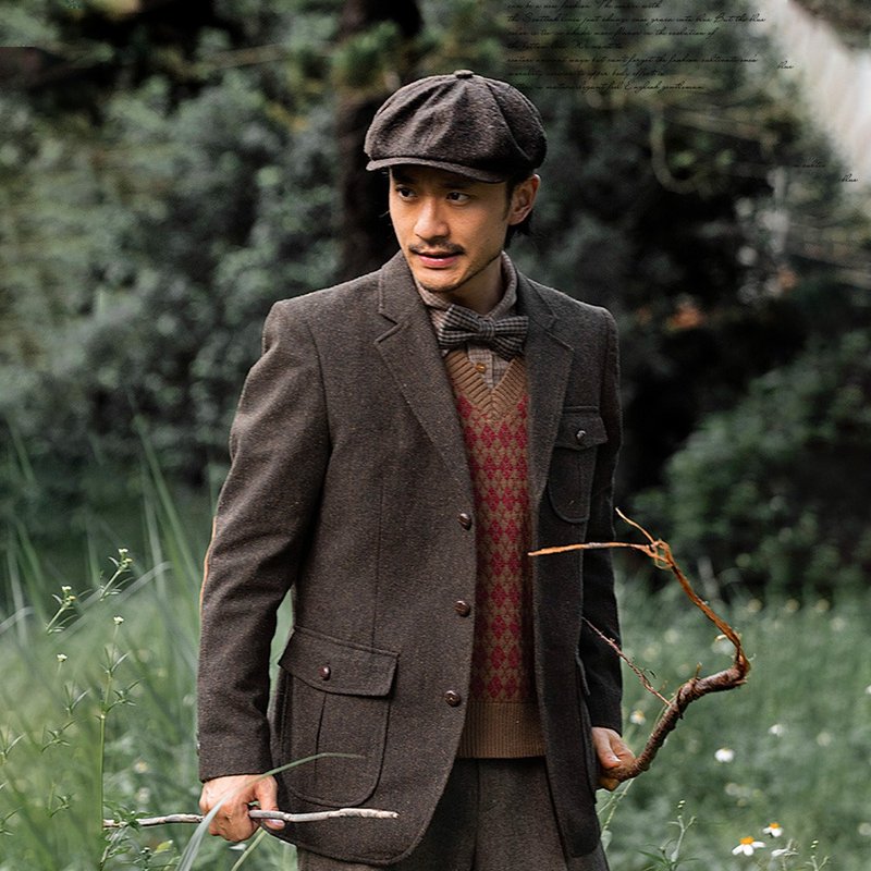 英伦复古羊毛呢西装外套男 冬季呢子猎装休闲修身小单西服 - 男装外套 - 其他材质 