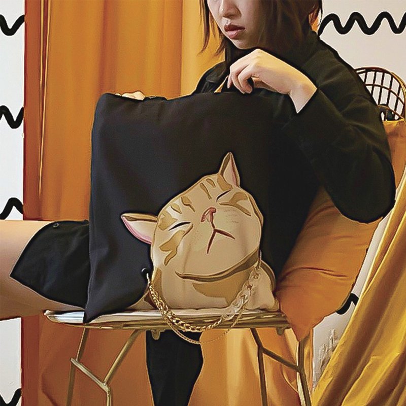 猫咪双面插画帆布包黑色-胖橘猫(包链项链两用) - 手提包/手提袋 - 聚酯纤维 黑色