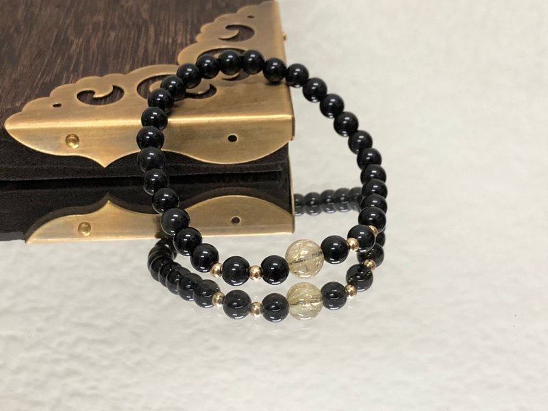 快速出货 天然金黄发晶+彩虹黑曜岩手链 - 手链/手环 - 水晶 黄色