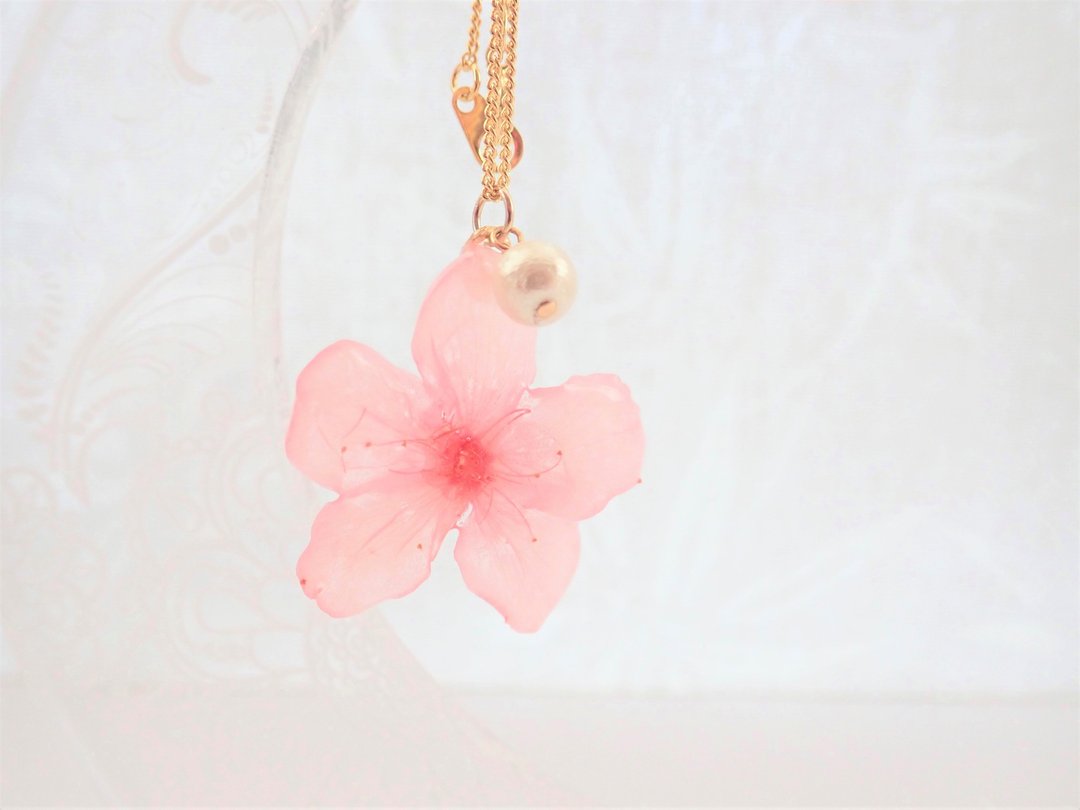 Real Sakura ✕ Cotton Pearl Necklace - 项链 - 植物．花 粉红色