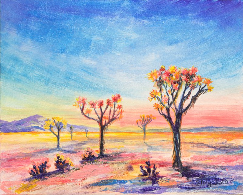 Joshua Tree Painting Acrylic Painting Desert Sunset Painting Desert Original Art - 海报/装饰画/版画 - 其他材质 蓝色