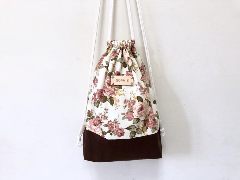 玫瑰花儿遇上咖啡(束口后背袋)/赠送免费打印名字皮标 - 束口袋双肩包 - 棉．麻 咖啡色
