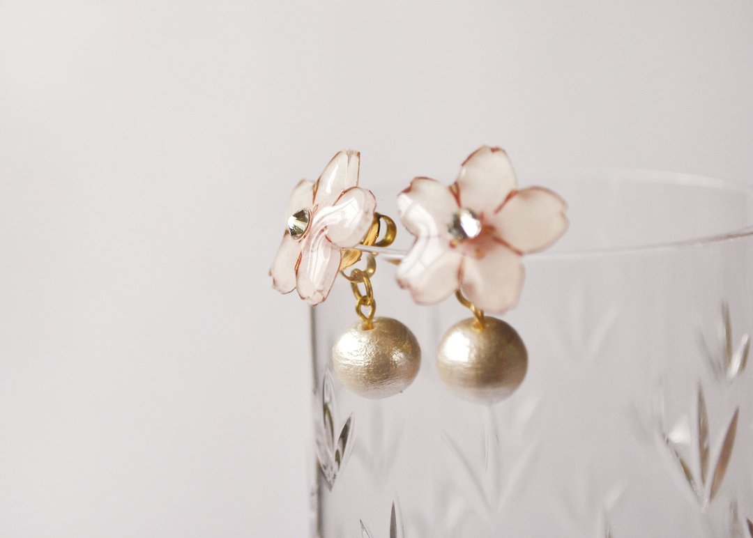 SAKURA EARRING Cherry blossom Clip-On - 耳环/耳夹 - 塑料 粉红色