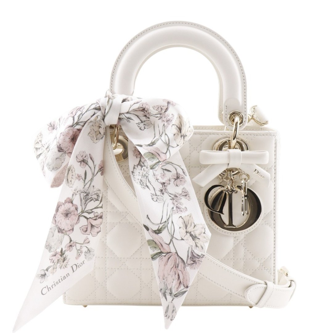 【日本直寄】Christian Dior Lady Dior 小型手提包 藤格纹 附赠可拆卸 Mitzah 丝巾 羊皮 白色【二手】 - 手提包/手提袋 - 真皮 白色