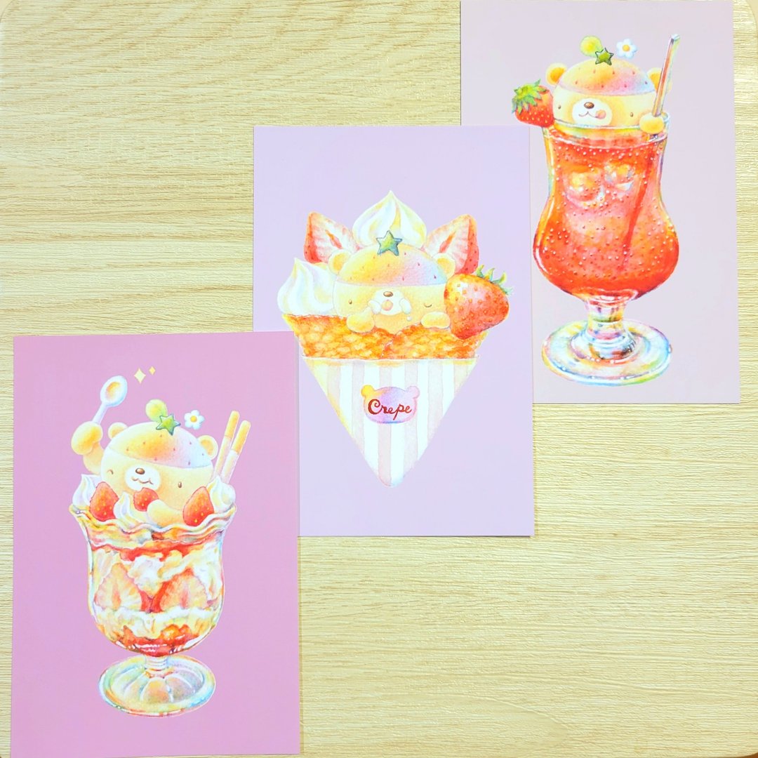 草莓熊甜点 明信片 2张组 - 卡片/明信片 - 纸 粉红色